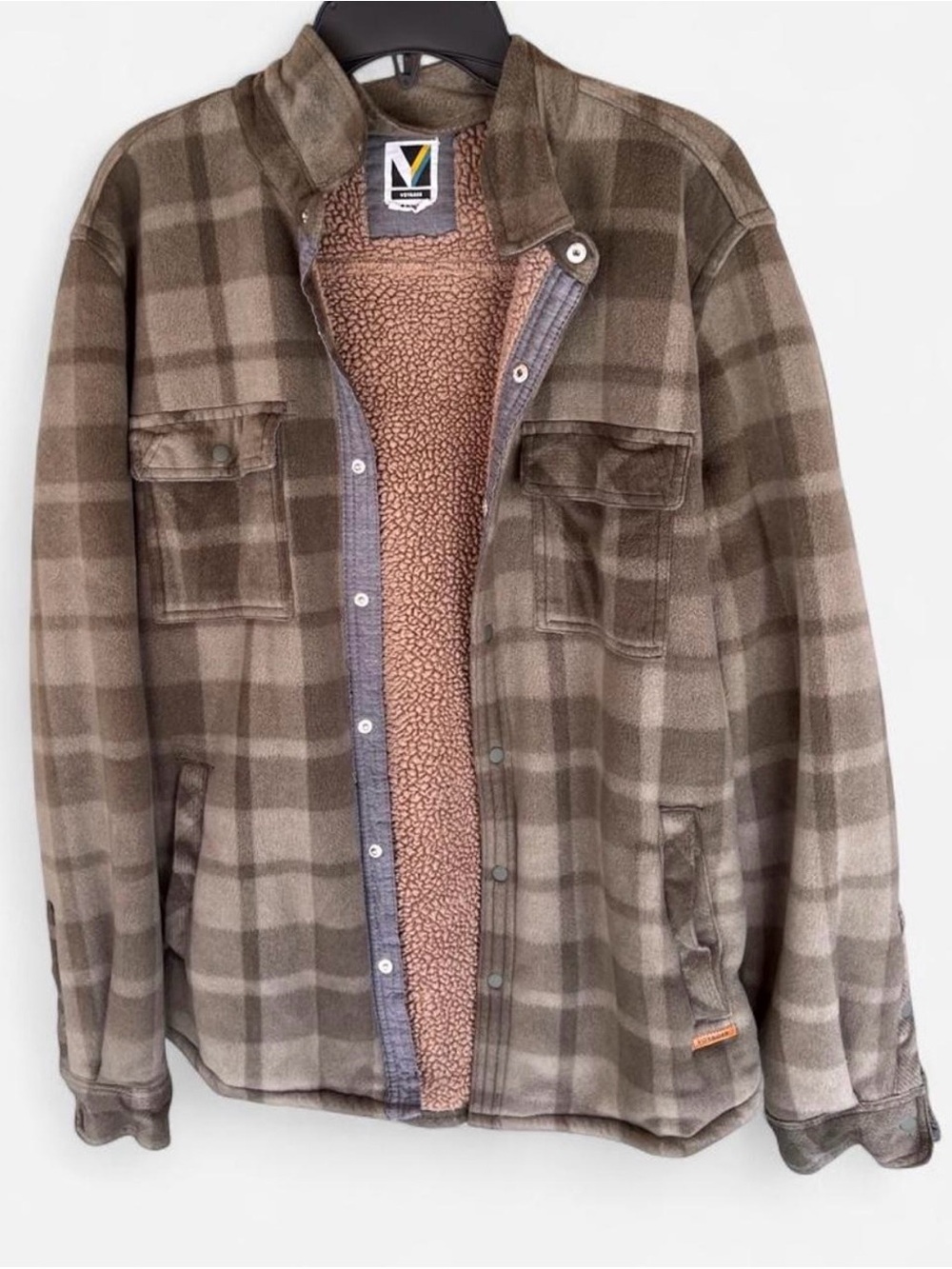 Voyager Men’s Green Plaid Fleece Jacket with Snap-front Closure & Sherpa Lining